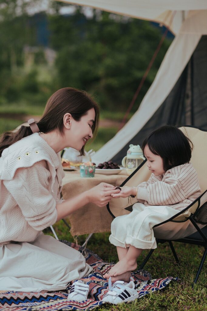 picnic, camping, mother and child